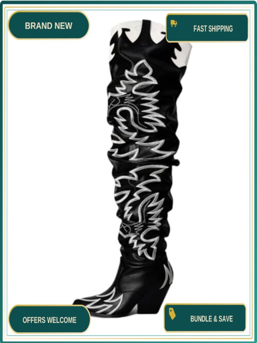 Faux Leather Slouchy Pull-On Knee High Cowgirl Boots Chunky Block Heel